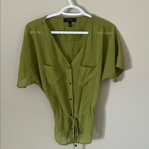 Olive Green Drawstring Button-Front V-Neck Sheer Short Sleeve Blouse Pockets Sm